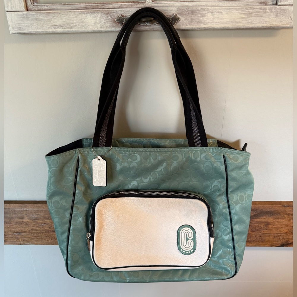 Coach Green and White Tote Bag